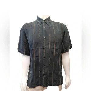 Cotton Reel 100% Silk Black Gold  Button Down Short Sleeve Shirt Size L